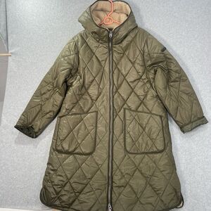Lucky Brand Womens Quilted Puffer Jacket Olive Green Sherpa Lined Hooded Zip Up